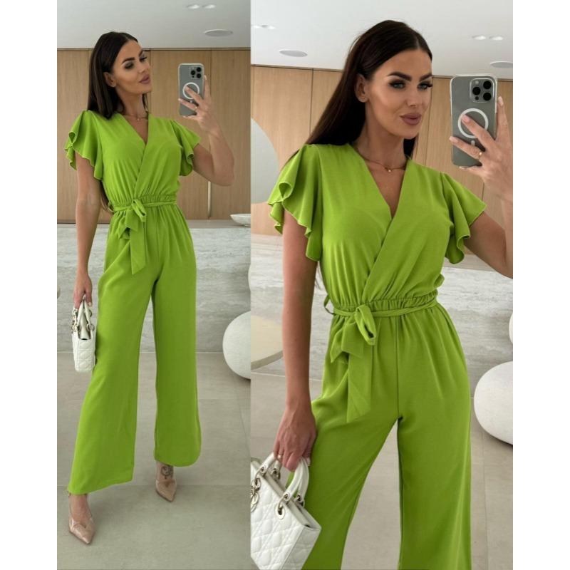 

Summer Short Sleeve Loose Elegant Women Jumpsuits Cross V Neck Fashion Office Casual Simple Playsuits Streetwear Lace-up Overalls Woman Clothing S чорний