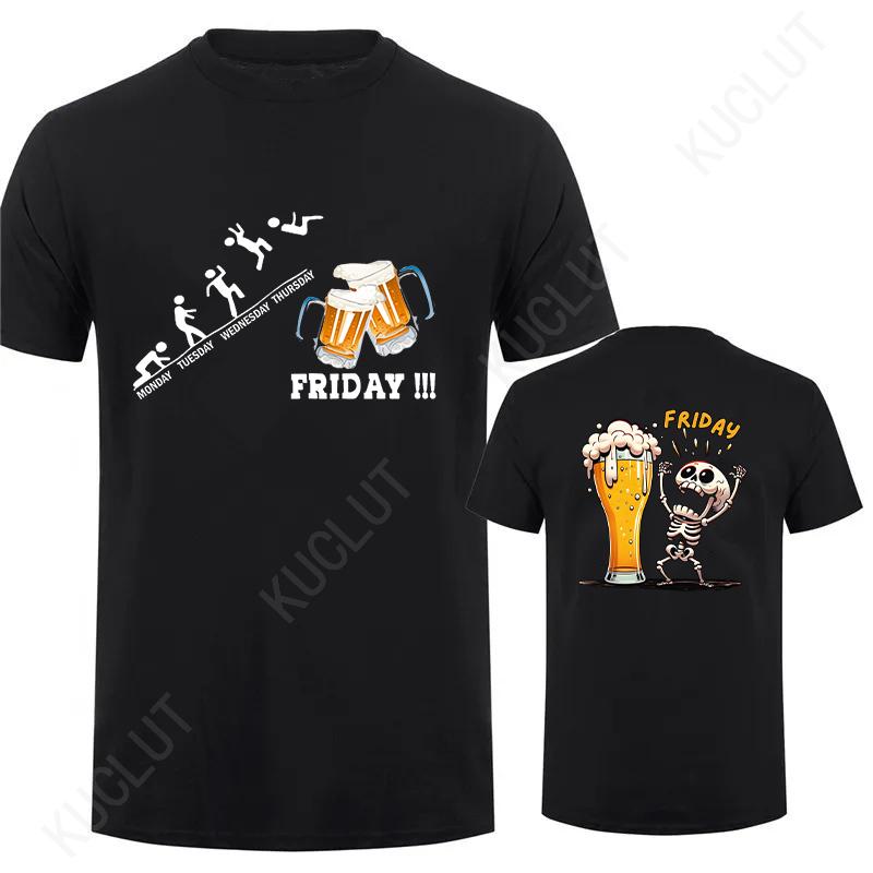 Fashion Skeleton Enjoying FRIDAY Beer Day Tees Back Print Men's T-Shirt Finally Friday for Drink Lover Male Oversized Clothing
