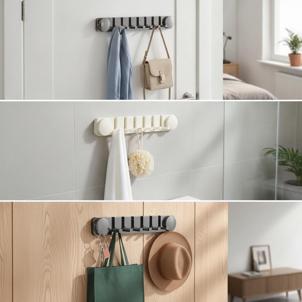Suction Cup Wall Hook Rack Complimentary 6-Hook for Bathroom, Kitchen