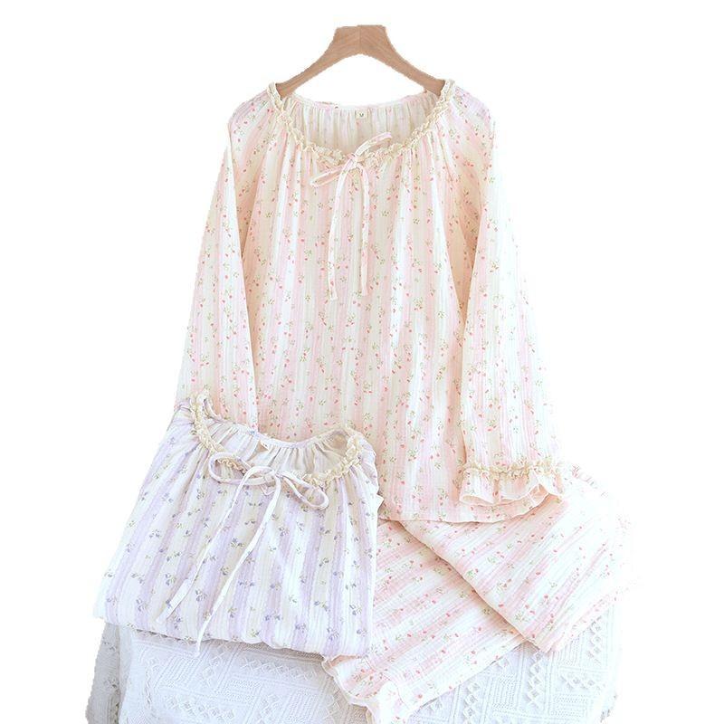 New Women's Pajamas Spring and Autumn Cotton Double-layer Gauze Flower Long-sleeved Sweet Floral Thin Loungewear Set