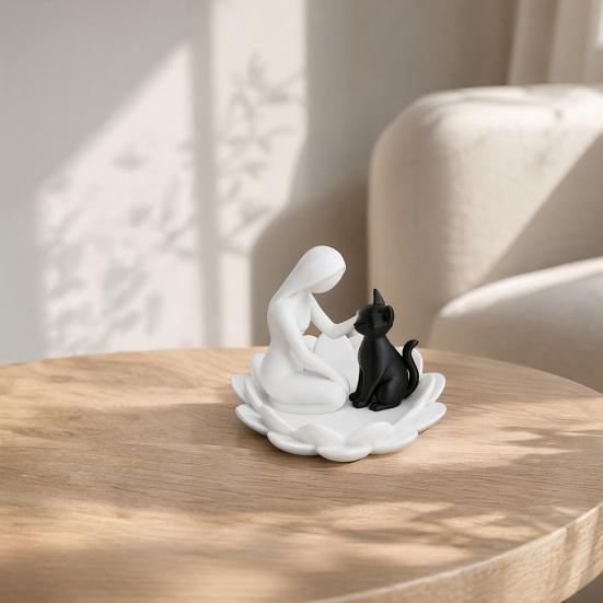 Human-Cat Interaction Shape Ornament, with Stable Non-Slip Lotus Base, Black And White Contrast Design, Ornament for Cat Lovers