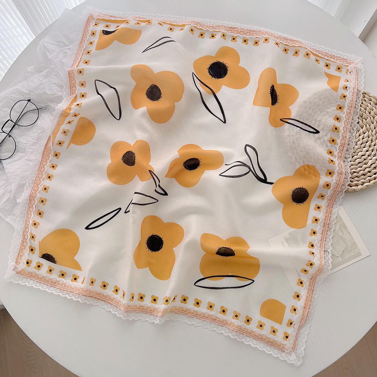 

Маленький свежий шелковый платок Квадратный платок Женский летний платок Защита шеи Кружево Высококачественная отделка 60-60cm