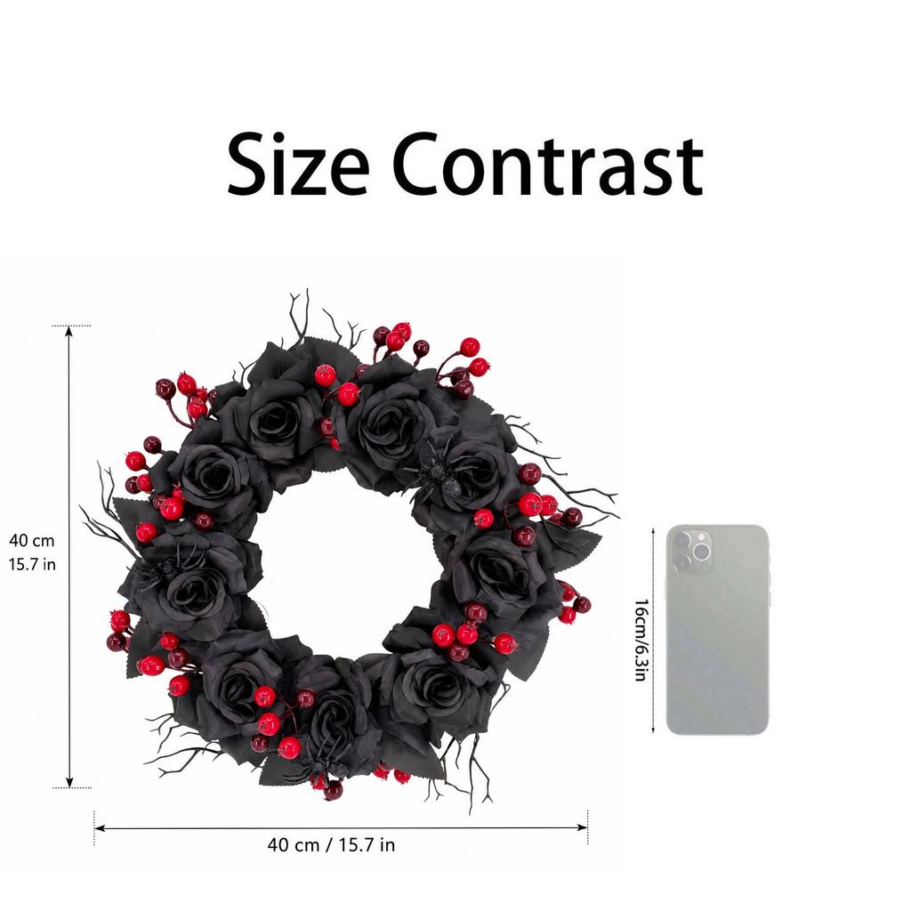 40cm Artificial Rose Branch Wreath with Simulated Spider and Berry Accents for Halloween Party Door Wall Window Decoration