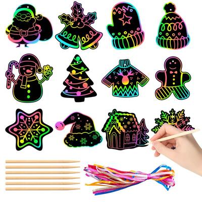 12/24/36Pcs Christmas Scratching Card DIY Art Painting Graffiti Art Christmas Tree Decoration Xmas Children Gift Festival Home Decor