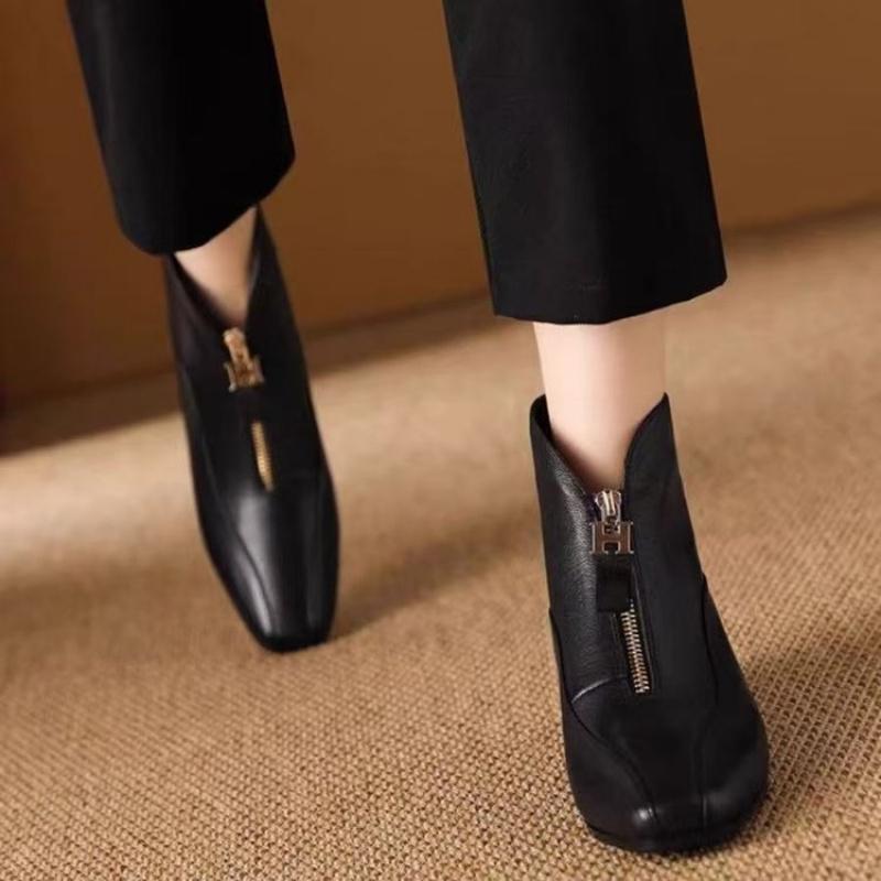 Leather Ankle Boots Women - French Style Zip Front Fashion Boots Slip-Resistant Plush Lined Winter Warm Shoes