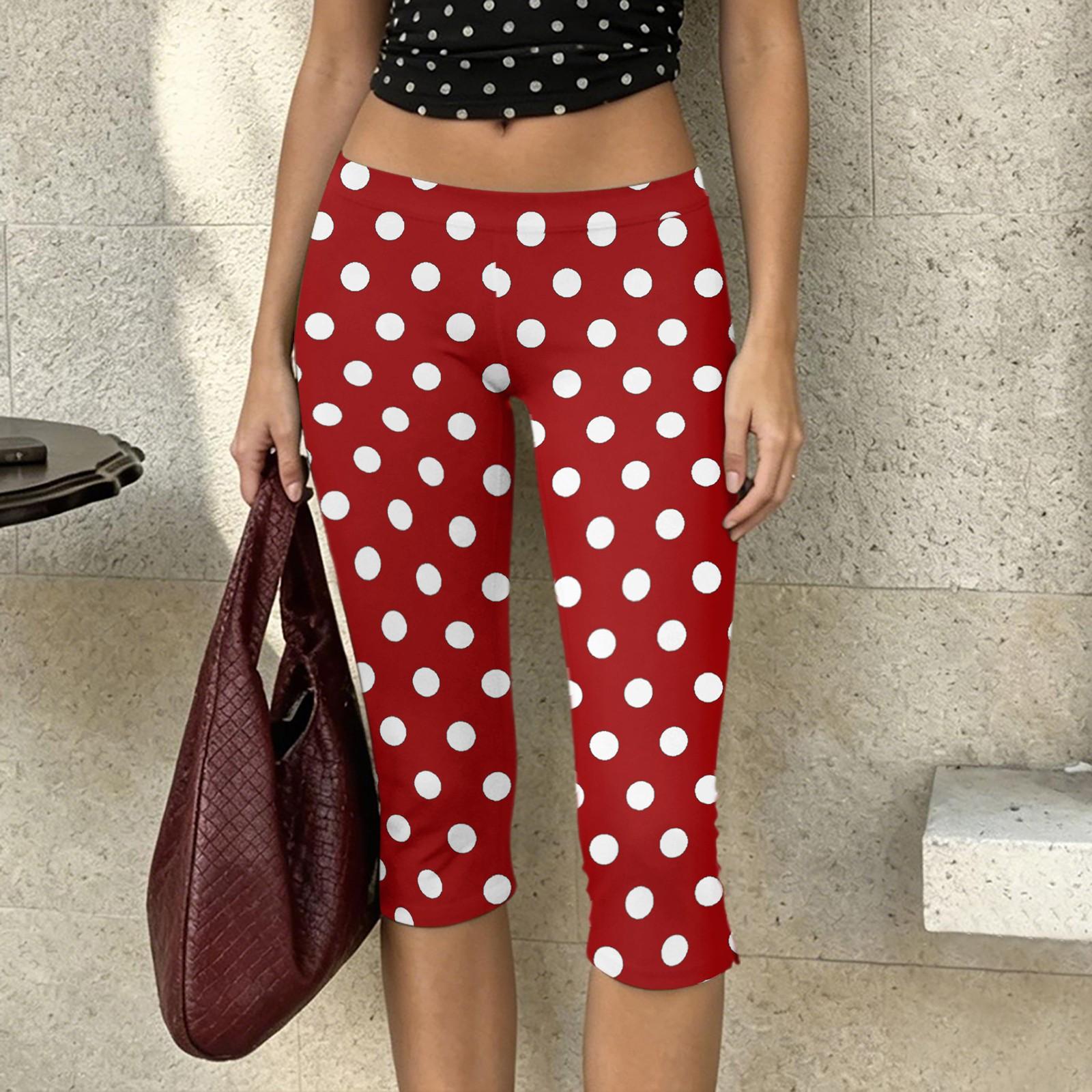 

Women Milk Silk Polka Dot Print Casual Capri Pants High Waist Stretchy Slim Fit Soft Lightweight Pants for Daily Wear XXL червоний