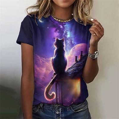 T-shirt Notte Gatto Stampata 3D per Donna Grafica Cielo Stellato Colorato Magliette Estive Casual Maniche Corte Girocollo