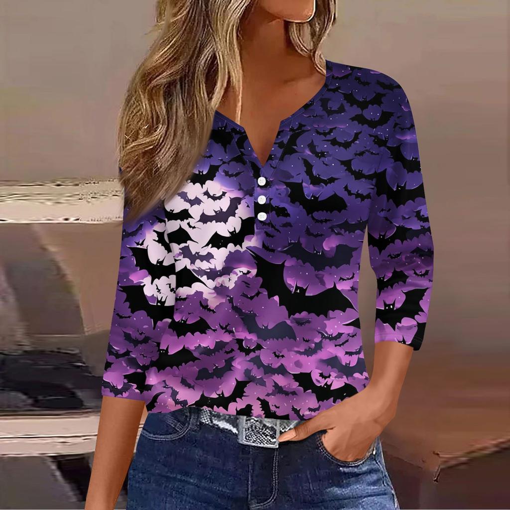 Women's Casual Fashion V-neck Loose Versatile Halloween Print Three-quarter Sleeve Top