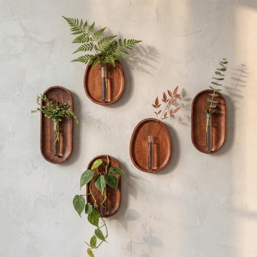 Minimalist Wall Hydroponic Vase Solid Wood Oval Tube Wall Vase Hanging Plant Panel Home Decor