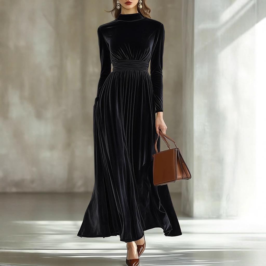 European and American independent station autumn and winter new semi-turtleneck waist slim pleated golden velvet temperament long dress