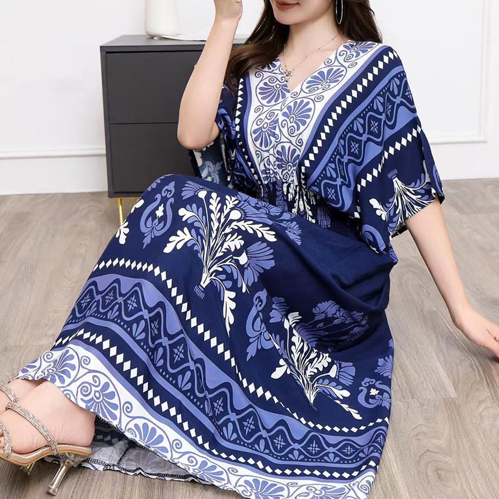 26-Year Floral V-Neck Cotton Silk Batwing Sleeve Beach Dress - Thailand Travel & Vacation Skirt Style