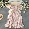 Floral Off Shoulder Casual Short Sleeve High Waist Ankle Length Dress for Women Summer Spring Fashion