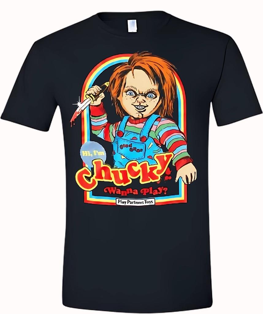 Chucky Puppe "Willst du spielen?"" Schwarzes Halloween-T-Shirt mit kurzen Ärmeln