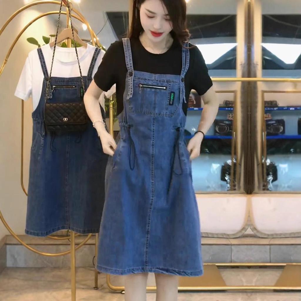Women's 2025 Korean Style Denim Dress - Short-Sleeved, Slimming, Waist-Cinching, Trendy Fake Two-Piece Design