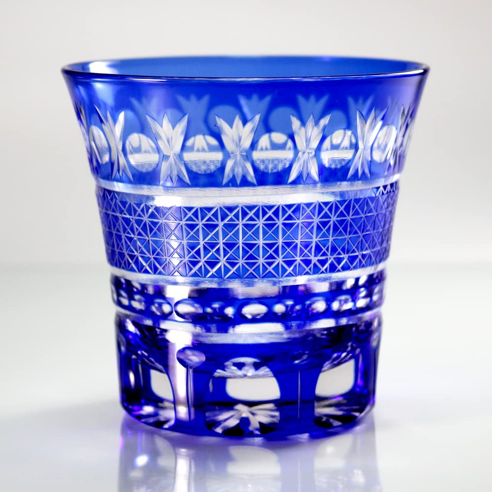 GREEM MARKET Crafts with Wooden Box Glasswork Kiriko Glass Cup Shochu Glass Kiriko Glass Product GMS00726 Number (Blue)