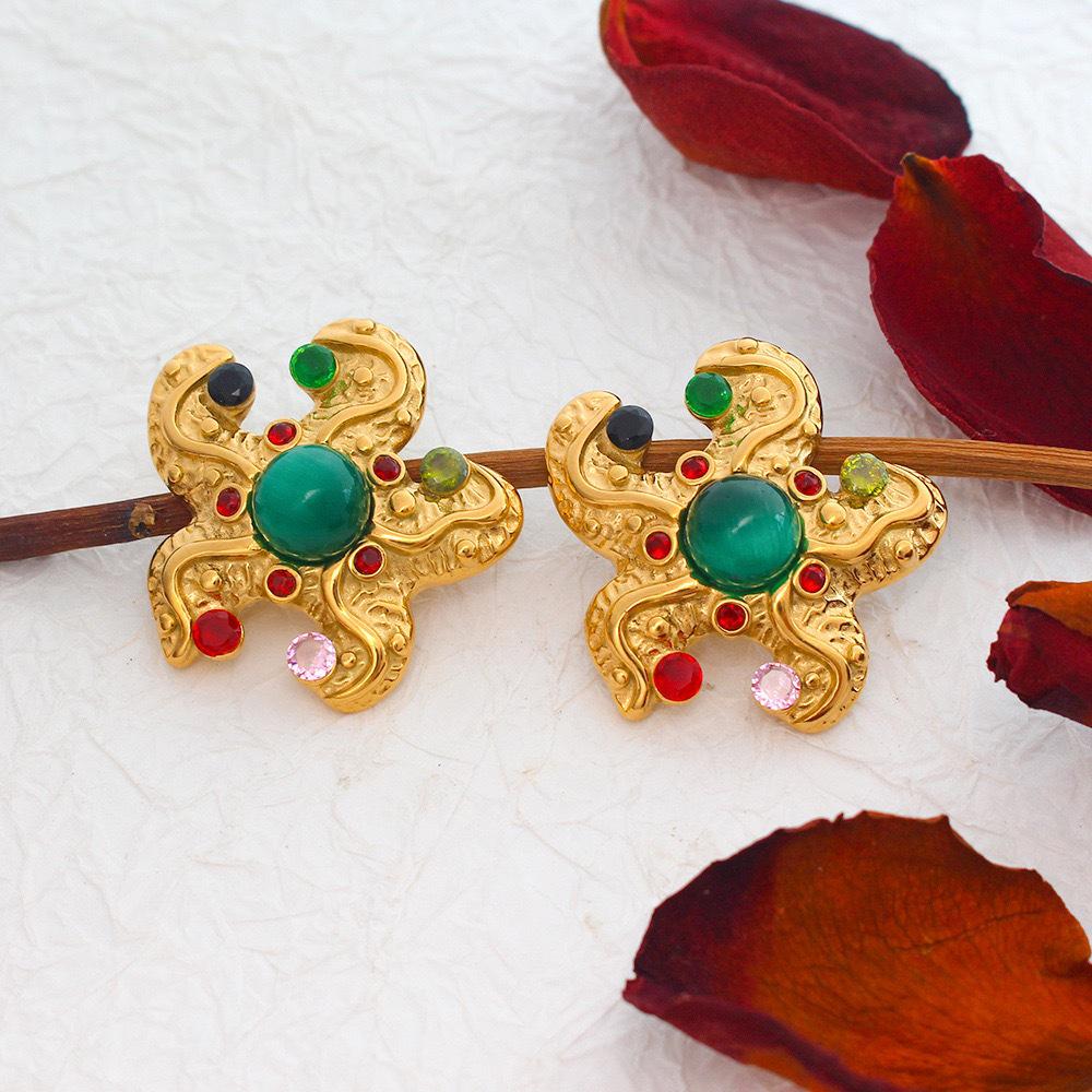 Trendy Ocean Series: Colorful Rhinestone Octopus  Starfish Stainless Steel Earrings