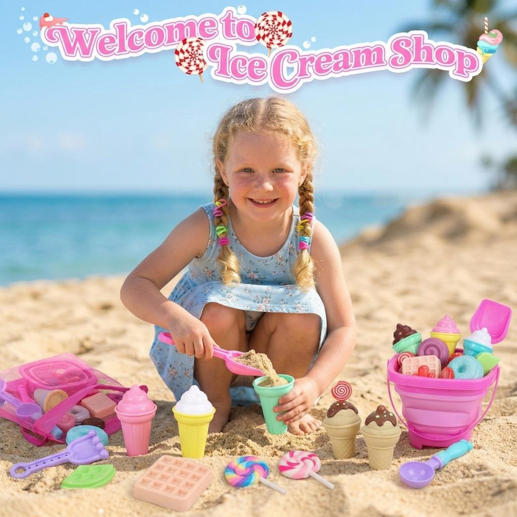 Foldable Beach Toy Set, Including Foldable Sand Bucket, Shovel, Net Bag And Sand Mold, Ice Cream-shaped Travel Beach Toy.16pcs