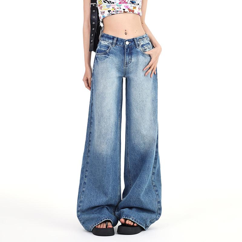 

Women s Summer Retro Wide-Leg Low-Waist Jeans - Water-Washed, Slimming, Versatile, and Drape Straight Long Pants L (110-120 jin)