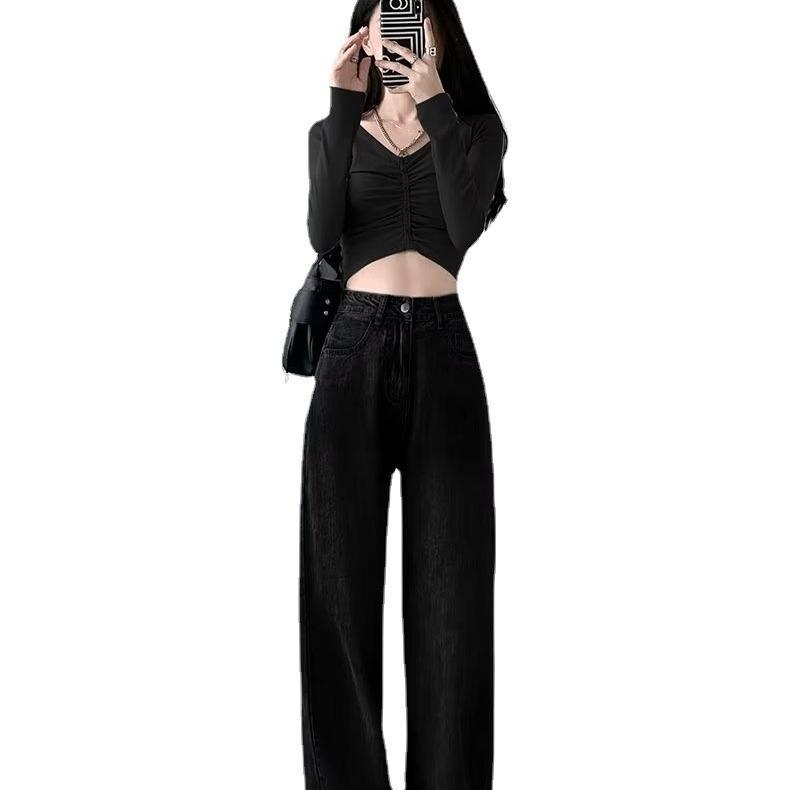 Women's High Waist Black Straight-Leg Jeans, Slimming Summer 2024 Thin Style, Small Size, Floor-Length.