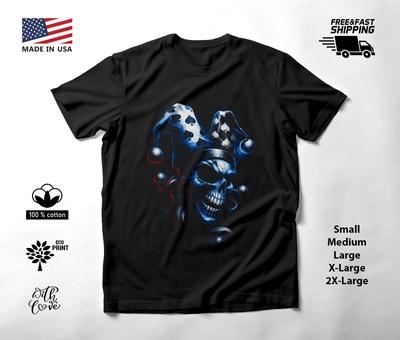 Blue Spade Jester Skull T-Shirt Black Unisex S-2XL