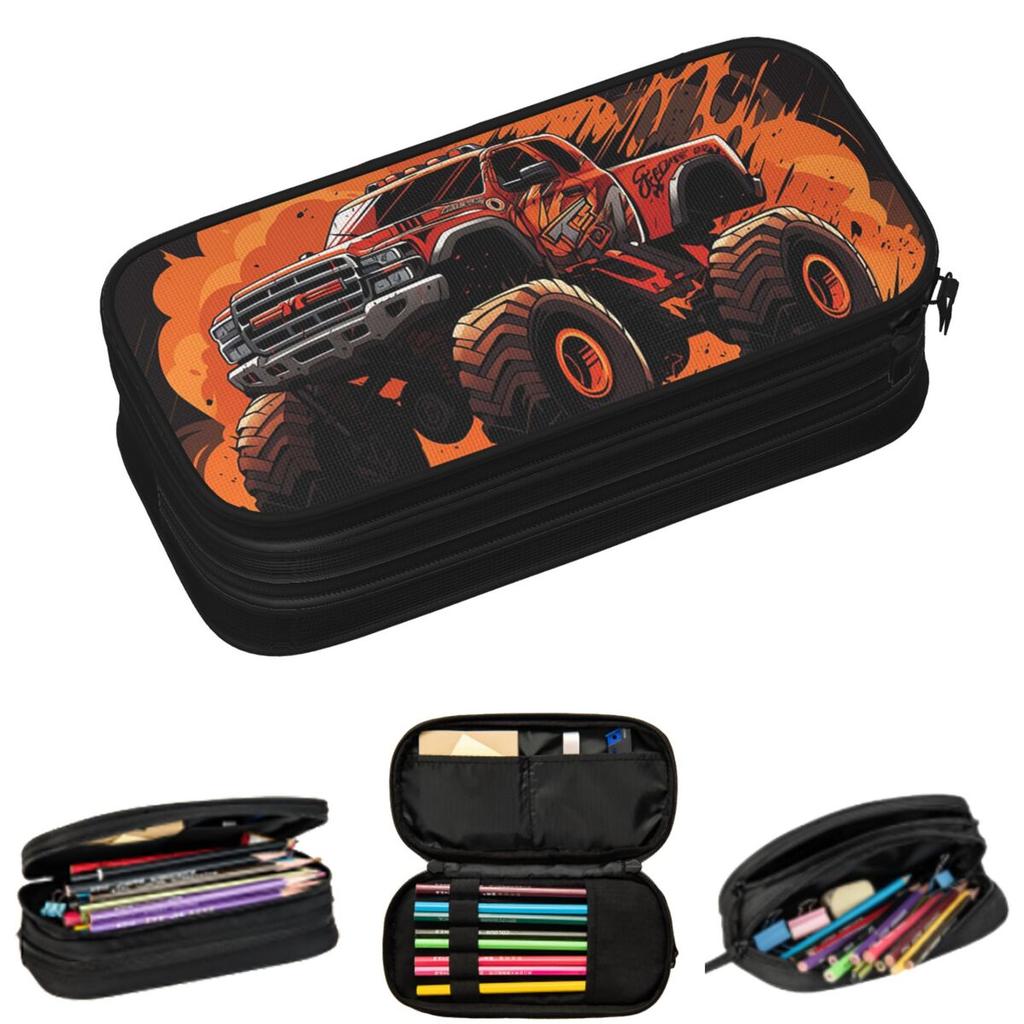 Cool Flame Off Road Vehicle Print Pencil Cases for Students School Pen Box Pencil Bag Big Capacity Pencil Pouch