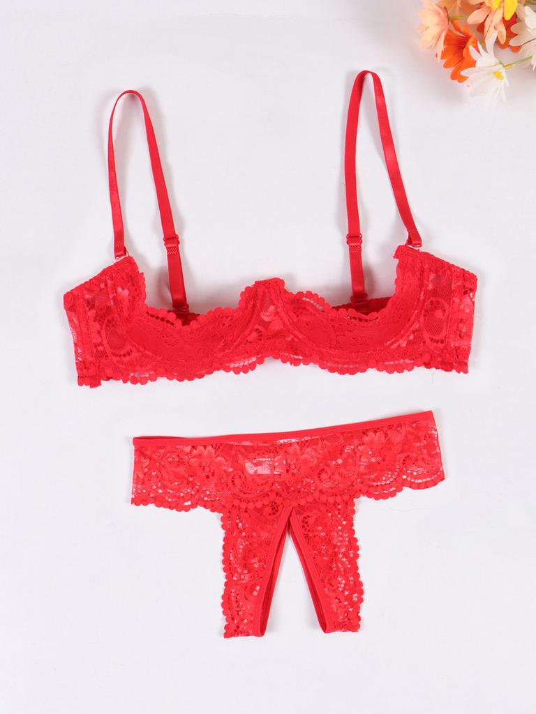Sexy Black Lace Bare Chest Nipple Bra Gather Pure Desire Perspective Open Crotch Thong Underwear Suit Women