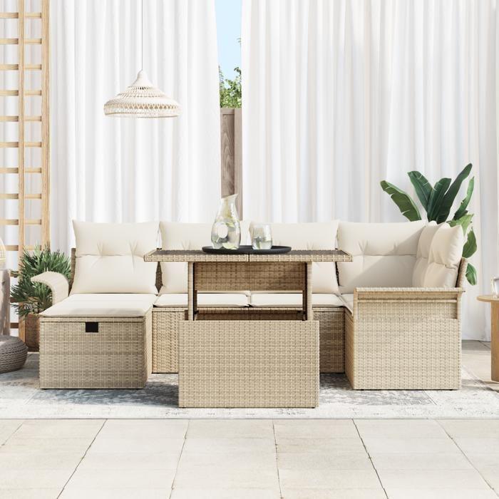 VidaXL Ensemble de Canapé de Jardin 7 Pièces avec Coussins Beige en Poly Rattan 3361010