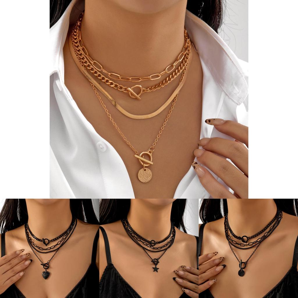 Collier Pendentif Multicouche Géométrique Cœur Étoile Pièce de Monnaie pour Hommes Femmes Style Noir Or Argent