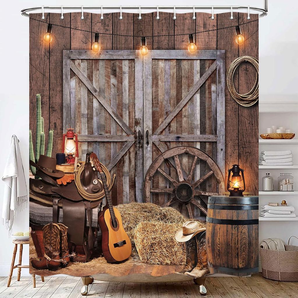 Country Barn Door Shower Curtain Farm Vintage Pattern Theme for Bathroom Bathtub Decoration Accessories Shower Curtain with Hook