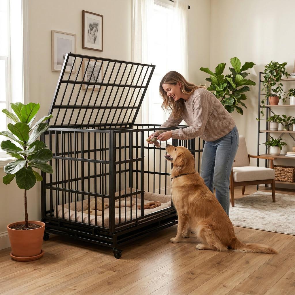48 Inch Heavy Duty Indestructible Dog Crate with Wheels, Folding Metal Big Dog Cage for Large and Medium Dogs, Cage with Removable Wire Trays