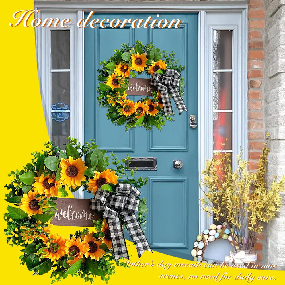17 Inch Sunflower and Green Leaves Wreath for Front Door Fake Flower Wreath for Indoor Outdoor Home Wedding Window Wall Decor