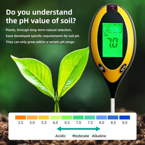 4-in-1 Soil Tester Digital Display Soil Moisture Sunlight PH Temperature Tester Long Probe Soil Tester for Garden Lawn Farm Greenhouse Plant Care