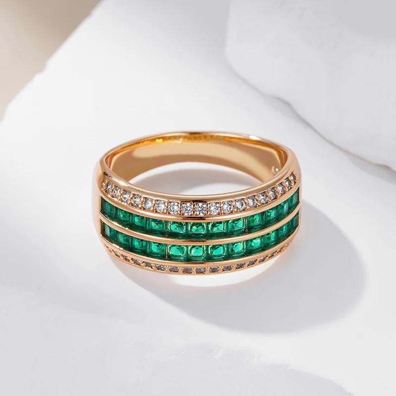 Double Layer Emerald Green Zircon Luxury Women's Rings for Wedding Party Golden Vintage Jewelry