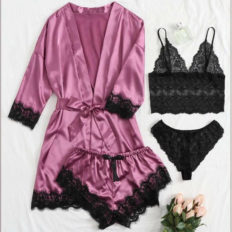 

Women s Pajama Fashion 4-piece Set Lace Satin Strap Sexy Pajama Set Dress Skin Friendly Comfortable Casual Pajama Skirt XS фиолетовый