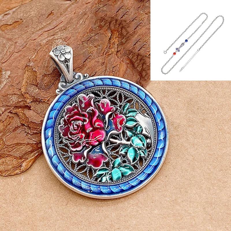 Archaic Rhyme Chinese Style Peony Flower Necklace   Colored Enamel Circular Pendant Ethnic Style Pendant Jewelry