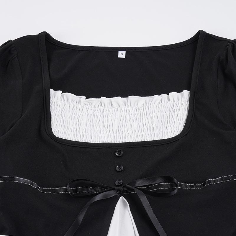 French Patchwork A-line Doll Top: Pleated Square Neck, Long Sleeve, Lace-up Waist, Autumn Winter Style for Women.