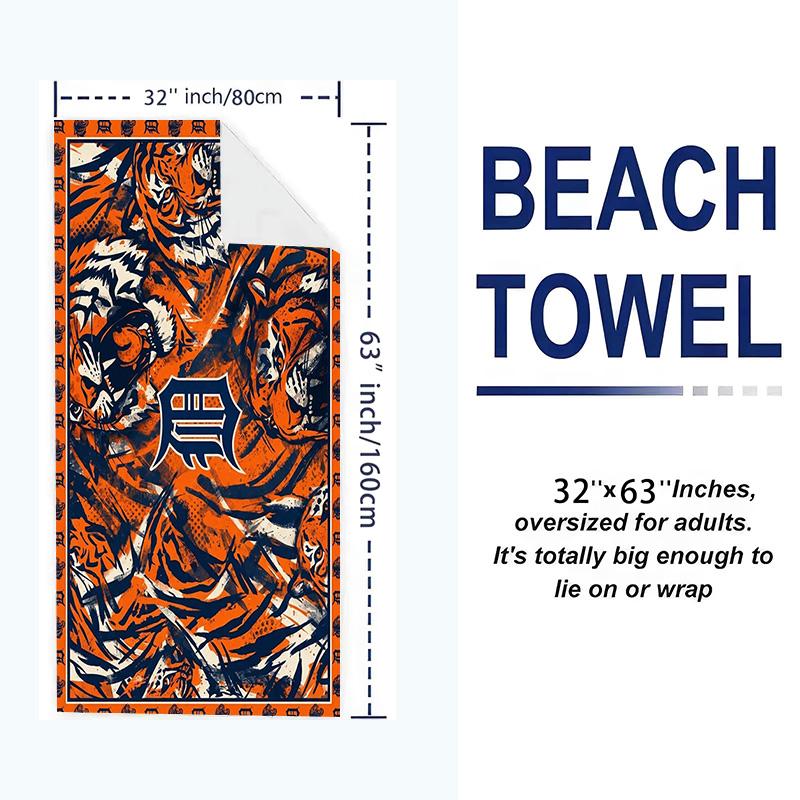 Detroit Tigers Print Beach Towel, Large Soft Quick Dry Towel for Beach Camping Swimming