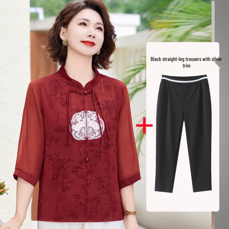 Mom's New Summer Chiffon Blouse: Chinese-Style Two-Piece Set for Middle-Aged & Elderly Women