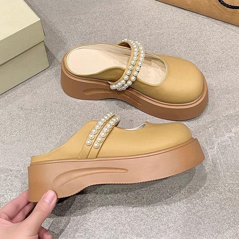 Pearl light luxury Mary Jane shoes half slippers bag head female design sense niche thick sole outer wear