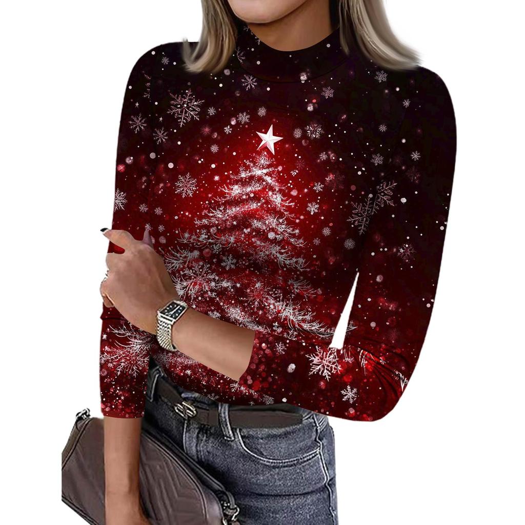 Damen Slim Bottom T-Shirt Mode Lässig Farbverlauf Druck Rundhals Pullover 3/4 Ärmel Top