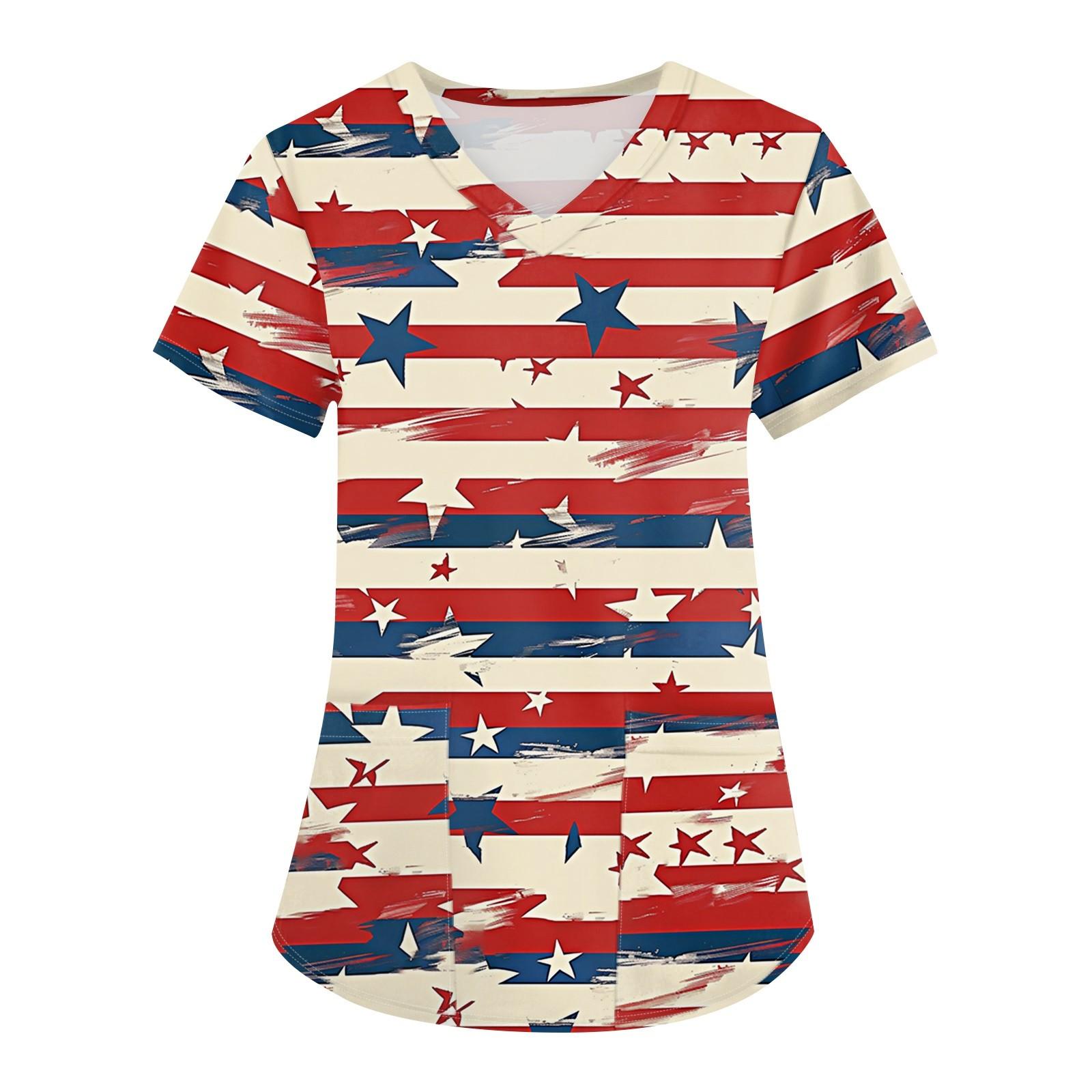 

Women s Fashion V-neck Short Sleeve Workwear With Pockets Independence Day Printed Tops XL арбуз красный