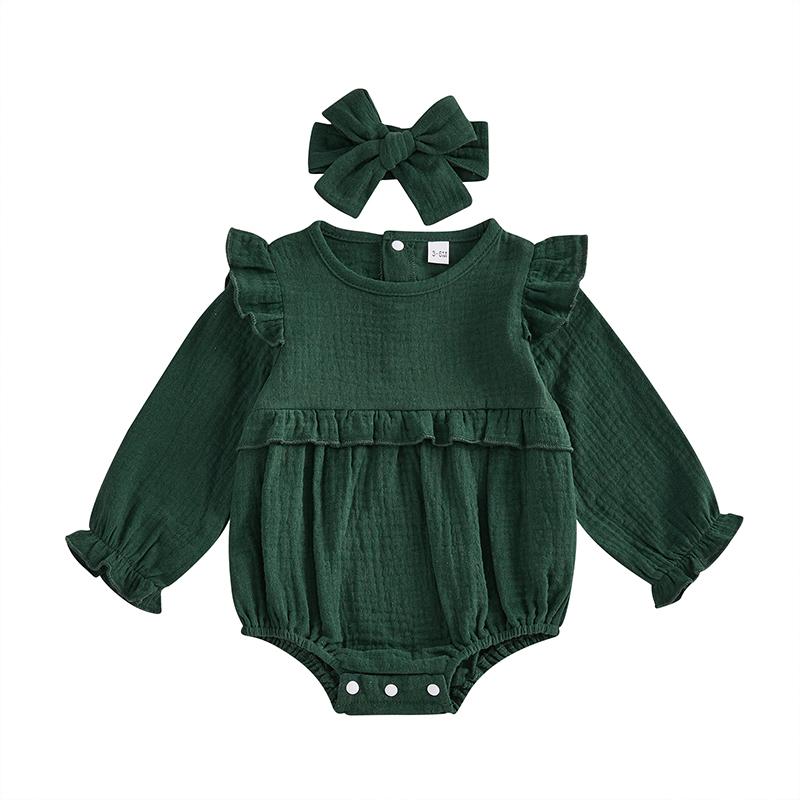 Baby Girl 2Pcs Fall Outfits Long Sleeve Solid Color Ruffle Romper with Headband Set Infant Clothes
