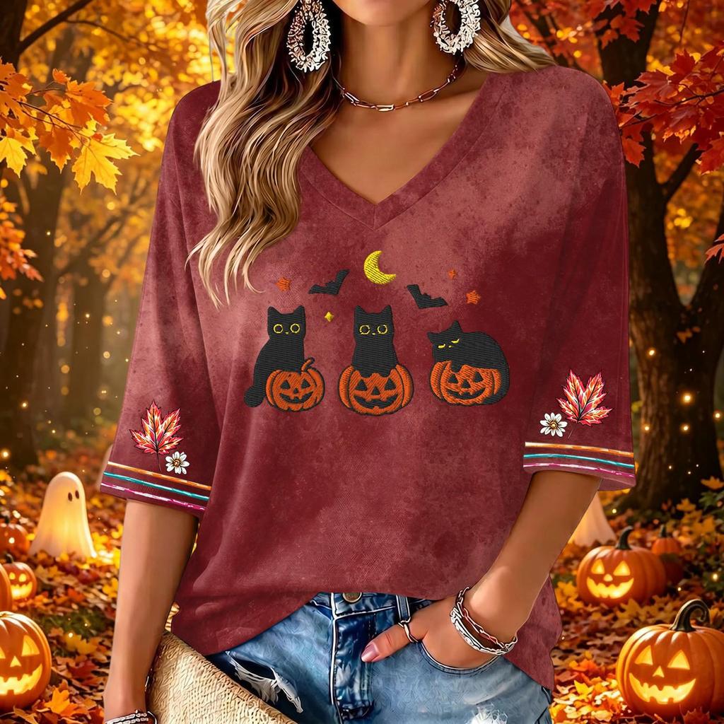 Women's Casual V-Neck Halloween Print Three-Quarter Sleeve Blouse for Halloween Party