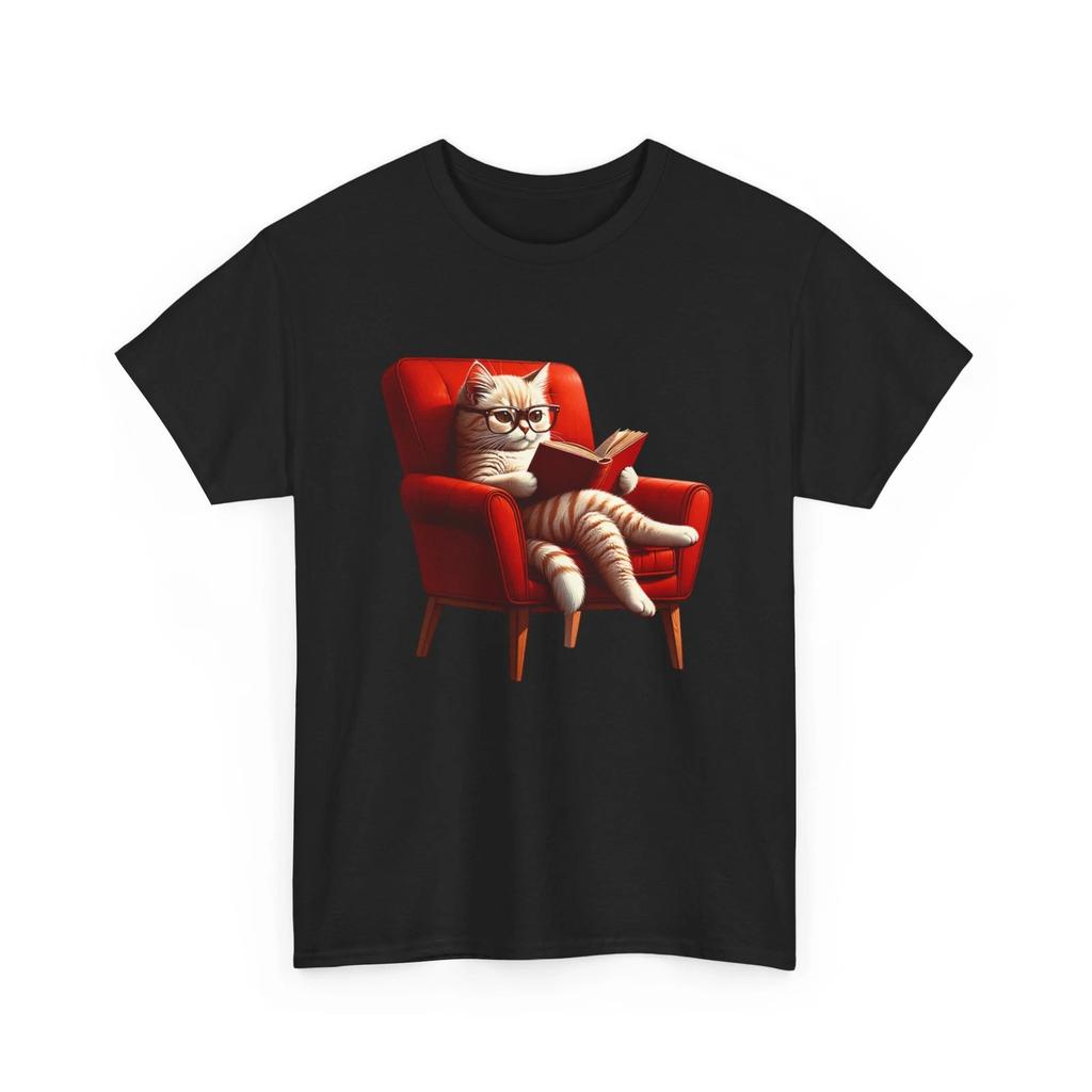 Unisex Adult T Shirt Romanticism Cat Reading Book In a Red Chair Library Tee Fun