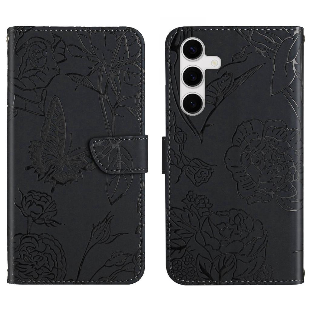 For Samsung Galaxy S25 FE Case Butterfly Flower Imprint Leather Phone Cover with Shoulder Strap