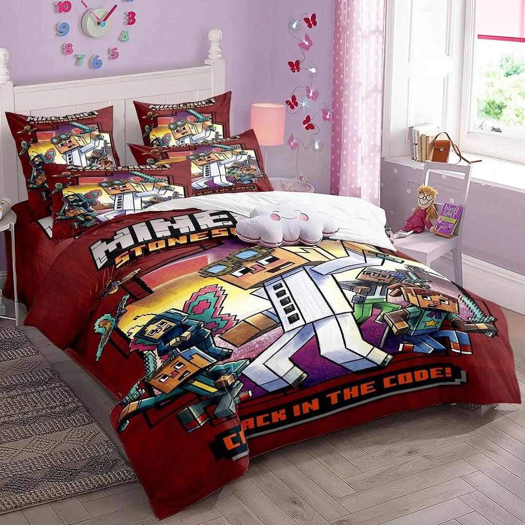 3D Cartoon Minecraft Duvet Cover for kids,Game Simulated World Bedding Set,Duvet Cover Pillowcases with Zipper Youth Kids Gift