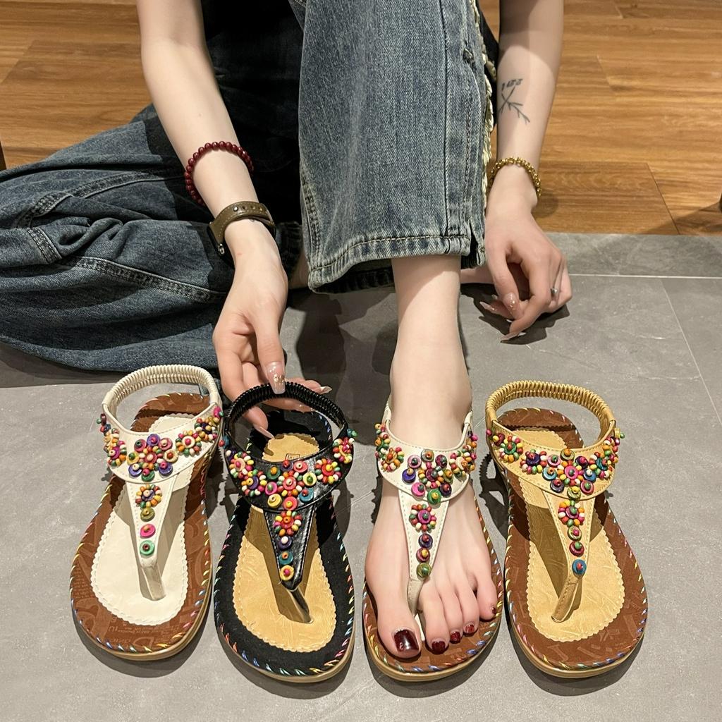 Flat Sandals Women's Summer Bohemian Clip-on Flat Sandals Women's Beaded Beach Shoes Women