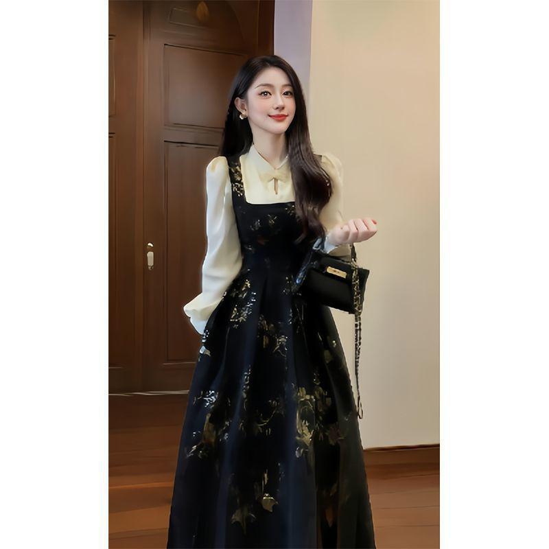 

Women s Autumn High-End Black Chinese Style Two-Piece Long Dress Set L [Recommended 55-60 kg]