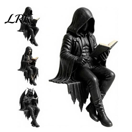 Study Room Ornament Sitting Skeleton Bookend Ornament, Matte Black Dark Hooded Figure Reding Figurine for Bookshelf Desktop Room, Industrial