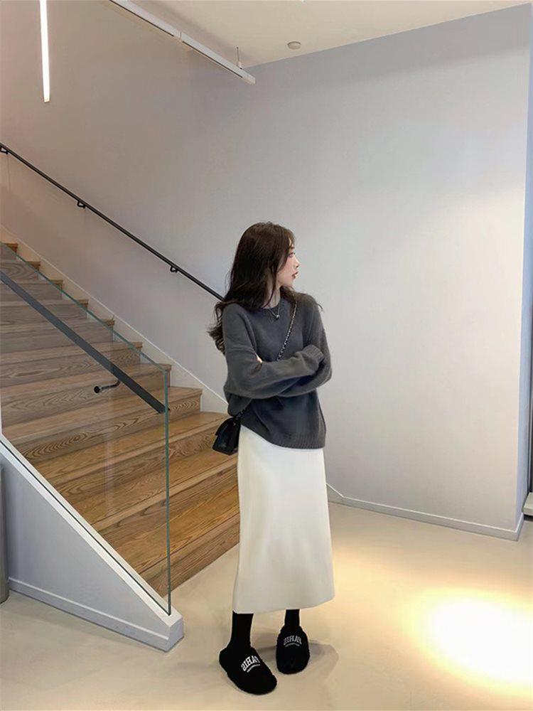 Women's Spring Soft Drape Knit Midi Skirt: High-Waist, Hip-Hugging, A-Line